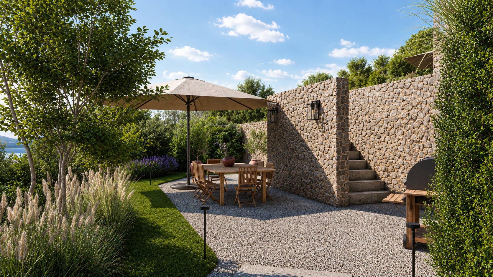 Zona pranzo tra i muri in pietra del giardino terrazzato