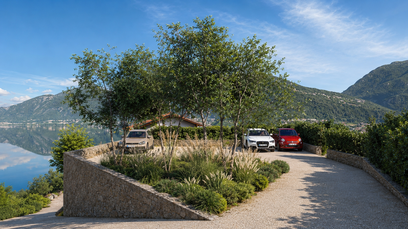 Parcheggio permeabile organizzato intorno a un’isola alberata