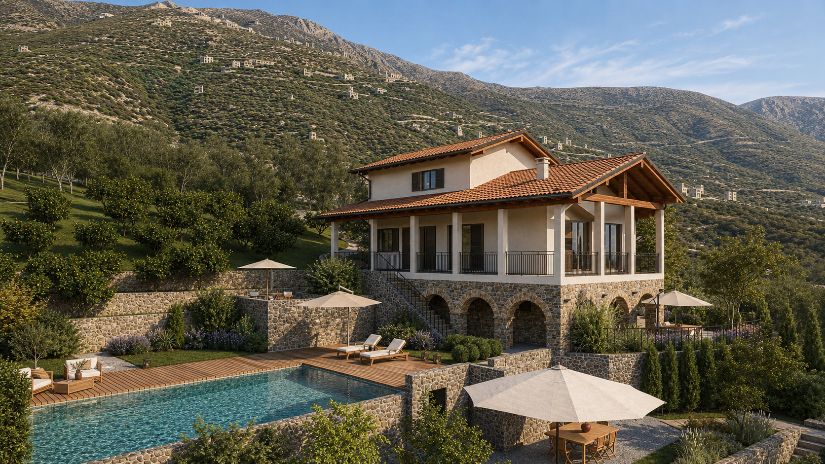 La villa, la piscina e il sistema di terrazzamenti sul Lago di Como