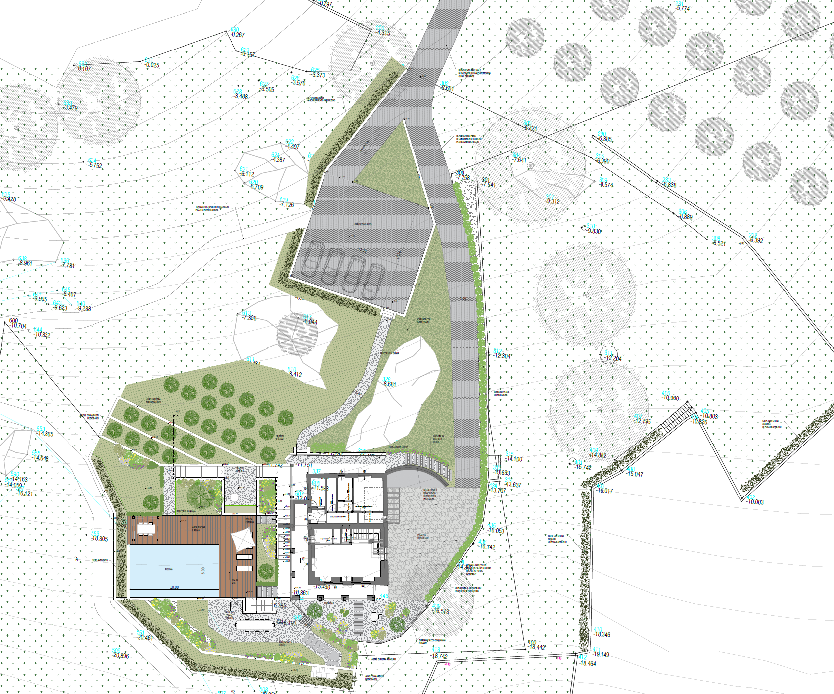 Planimetria generale del giardino con piscina