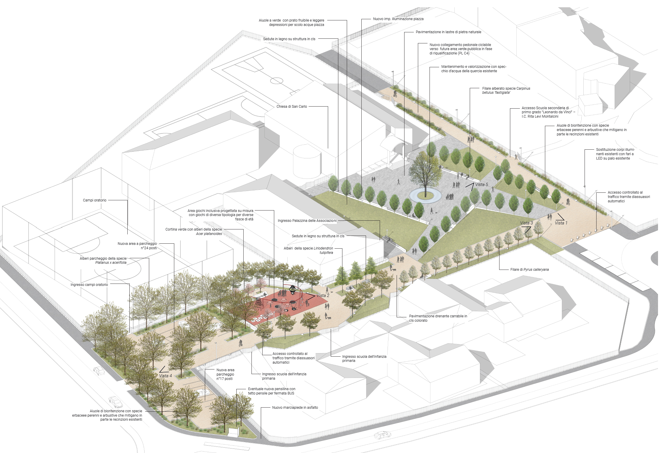 Assonometria del progetto di Piazza Giovanni XXIII