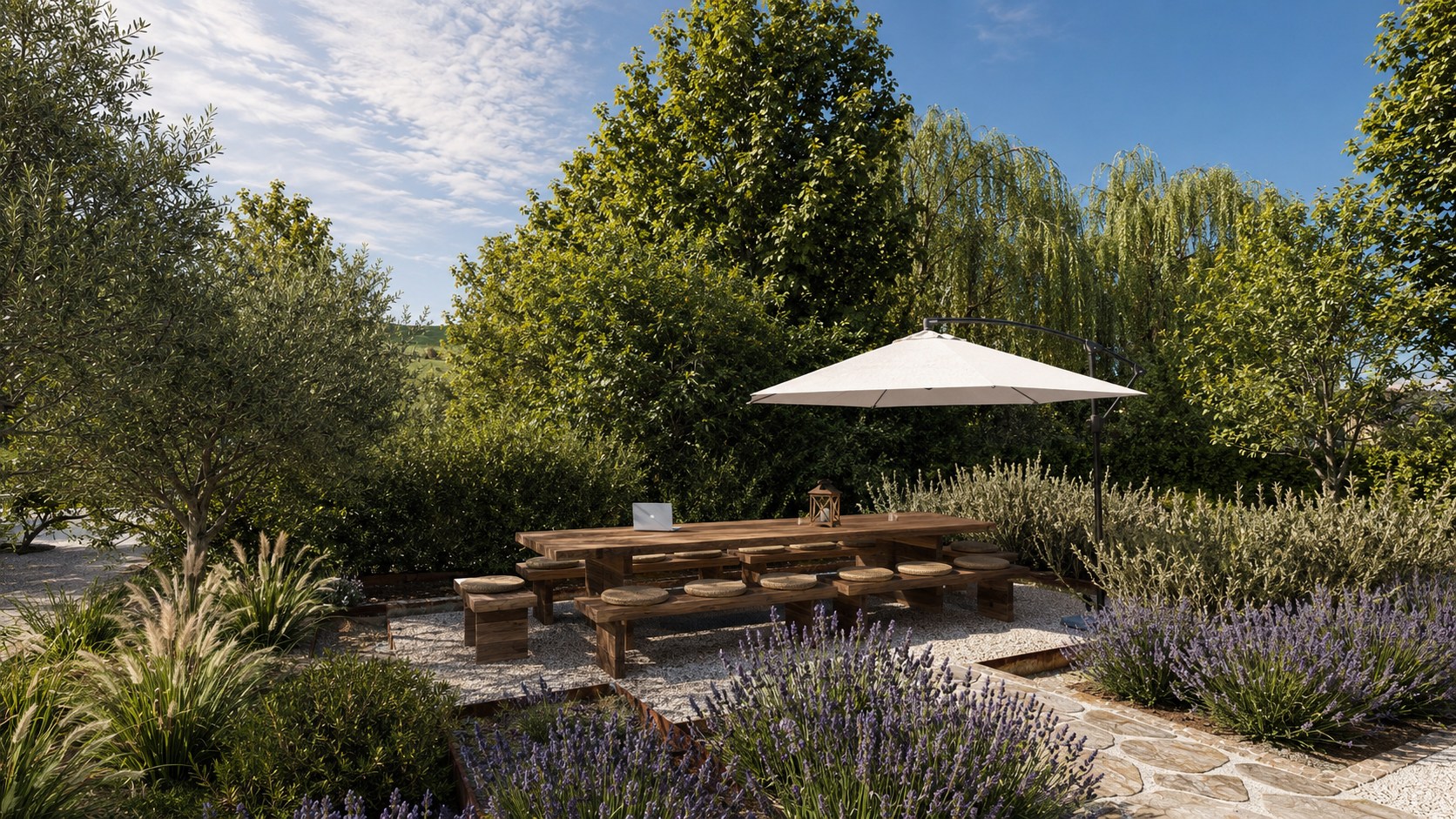 Il Giardino dell’Acqua con il grande tavolo conviviale